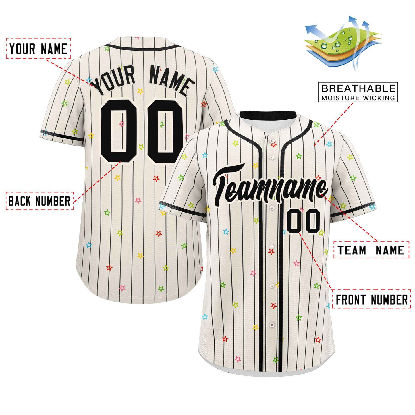 Custom Cream Black Stripe Fashion Personalized Star Pattern Authentic Baseball Jersey