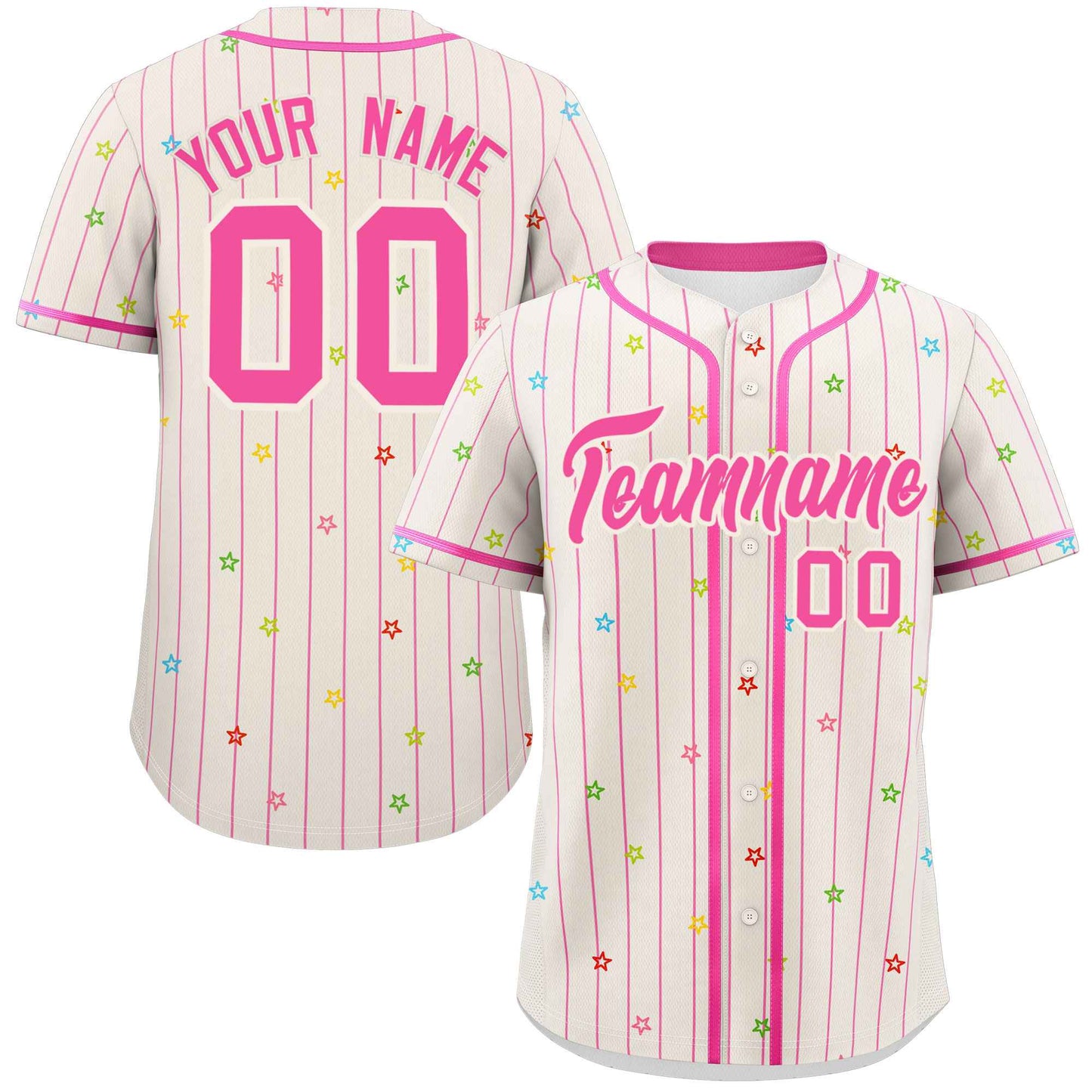 Custom Cream Pink Stripe Fashion Personalized Star Pattern Authentic Baseball Jersey