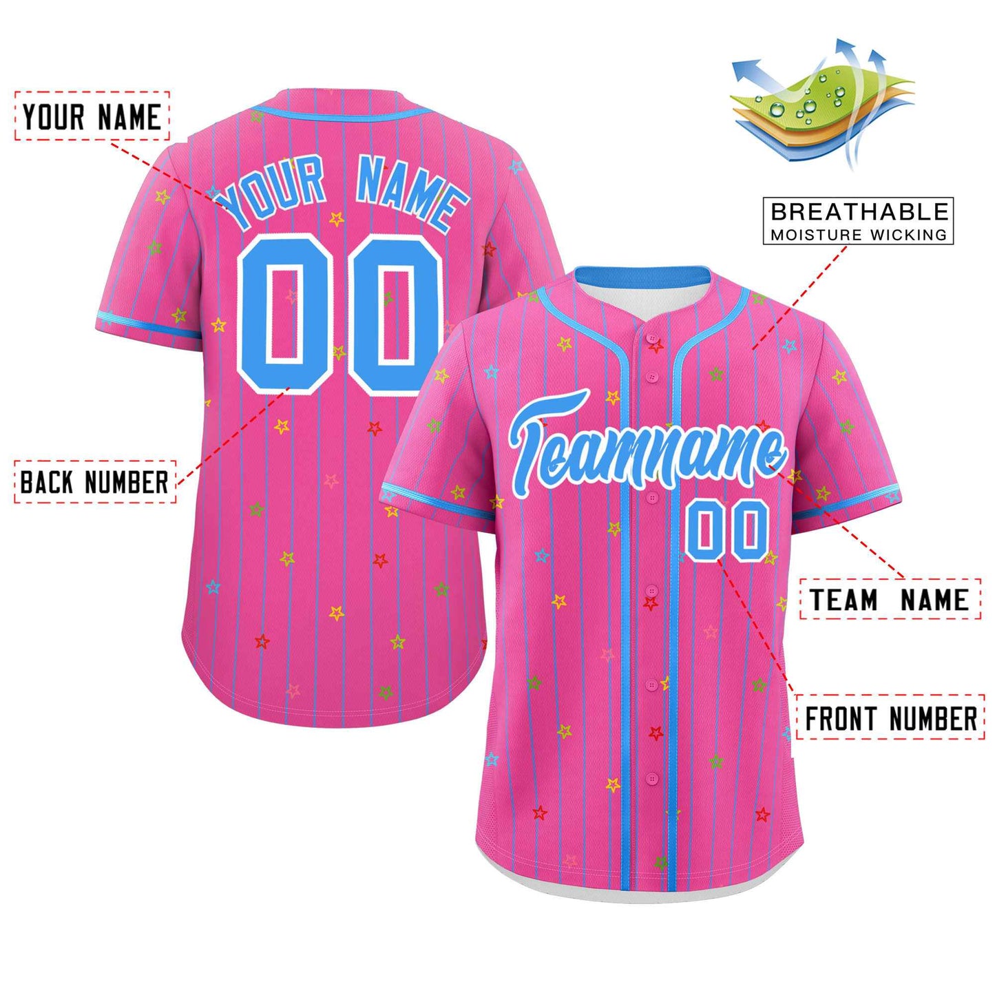 Custom Pink Powder Blue Stripe Fashion Personalized Star Pattern Authentic Baseball Jersey