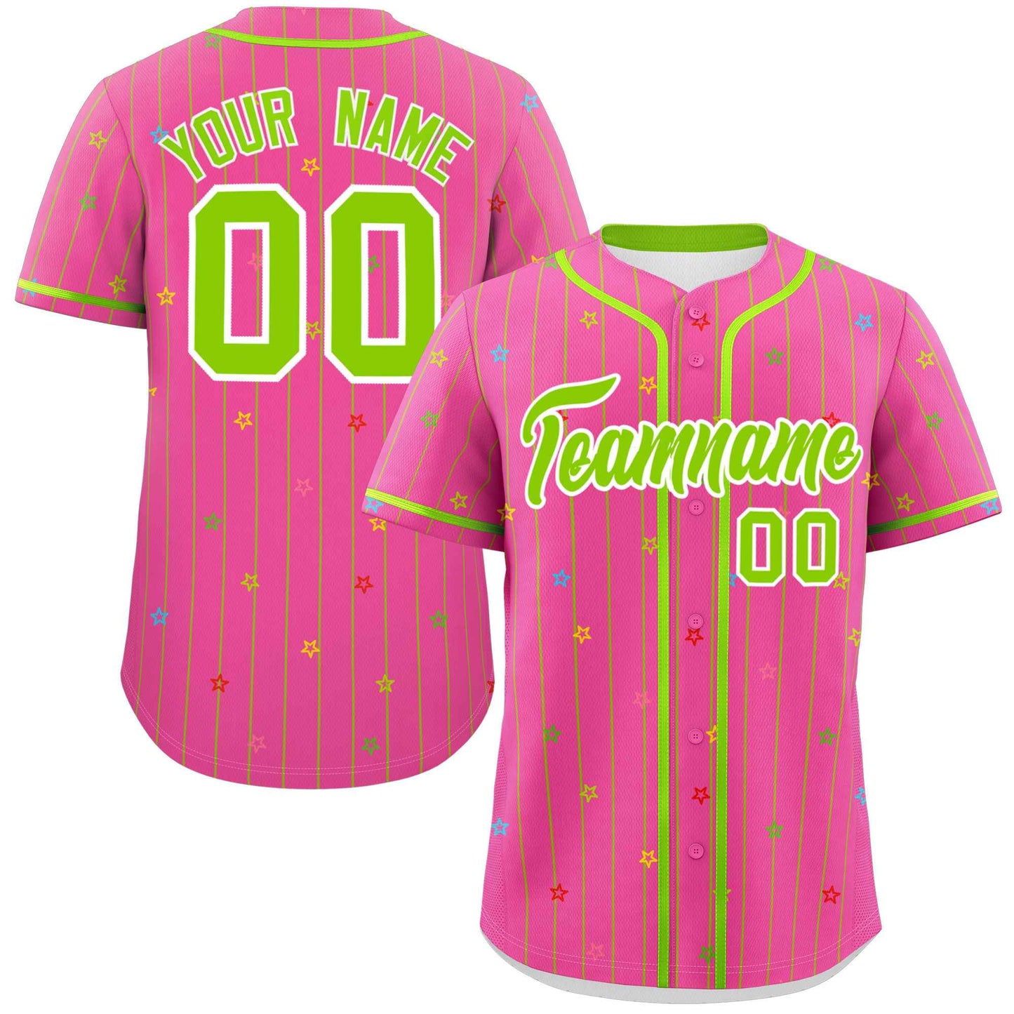 Custom Pink Neon Green Stripe Fashion Personalized Star Pattern Authentic Baseball Jersey