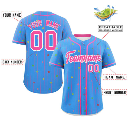 Custom Powder Blue Pink Stripe Fashion Personalized Star Pattern Authentic Baseball Jersey