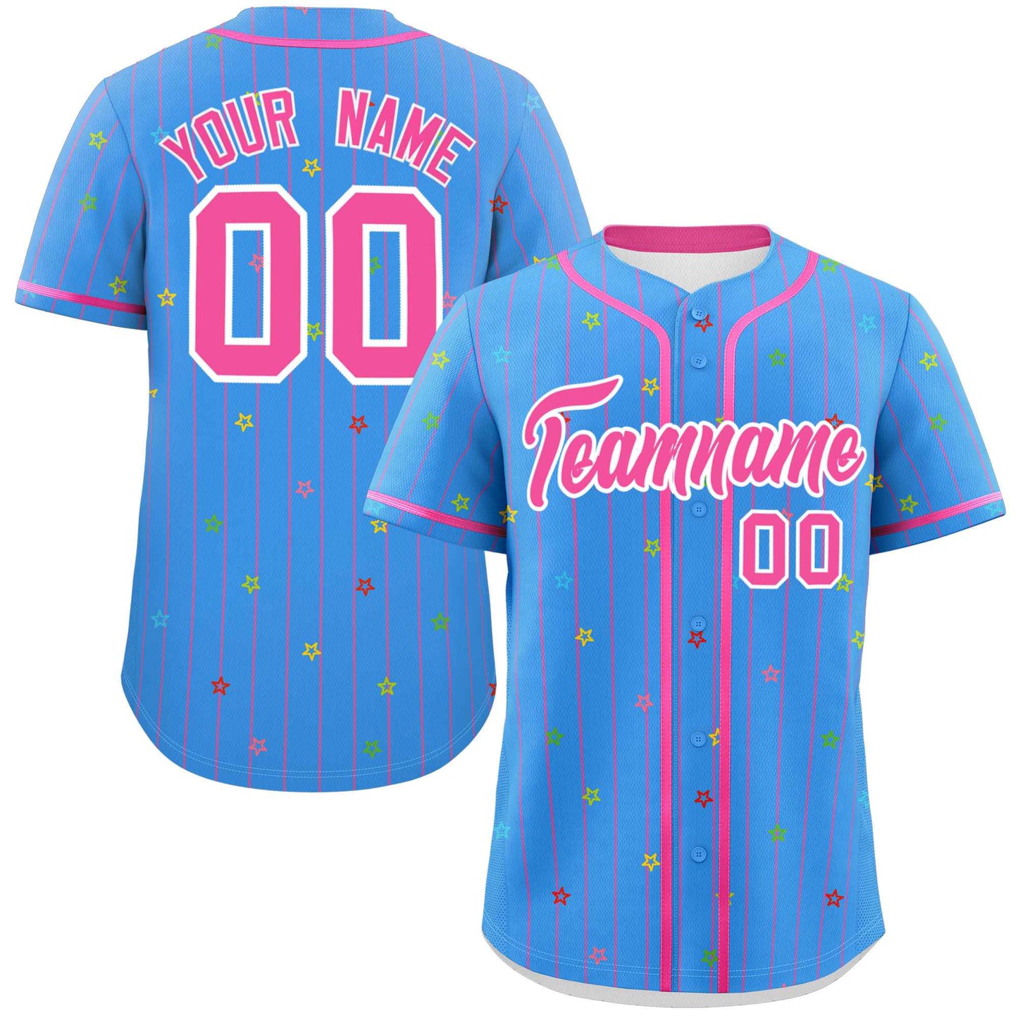 Custom Powder Blue Pink Stripe Fashion Personalized Star Pattern Authentic Baseball Jersey