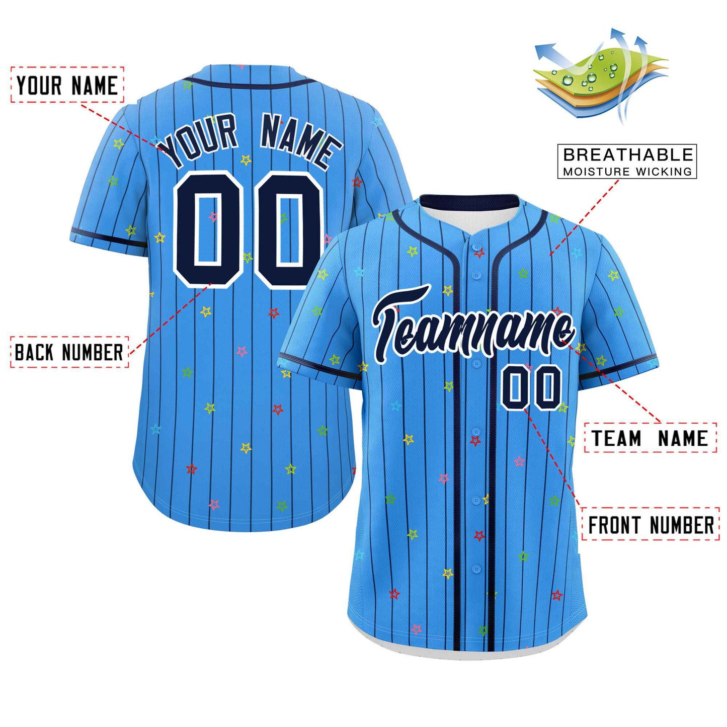 Custom Powder Blue Navy Stripe Fashion Personalized Star Pattern Authentic Baseball Jersey