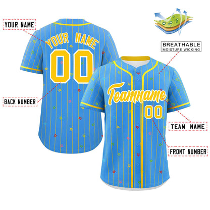 Custom Powder Blue Gold Stripe Fashion Personalized Star Pattern Authentic Baseball Jersey