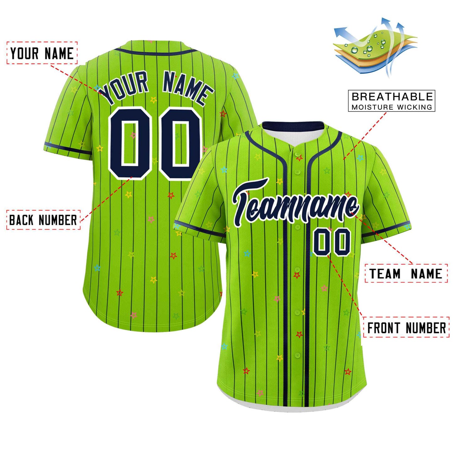 Custom Neon Green Navy Stripe Fashion Personalized Star Pattern Authentic Baseball Jersey