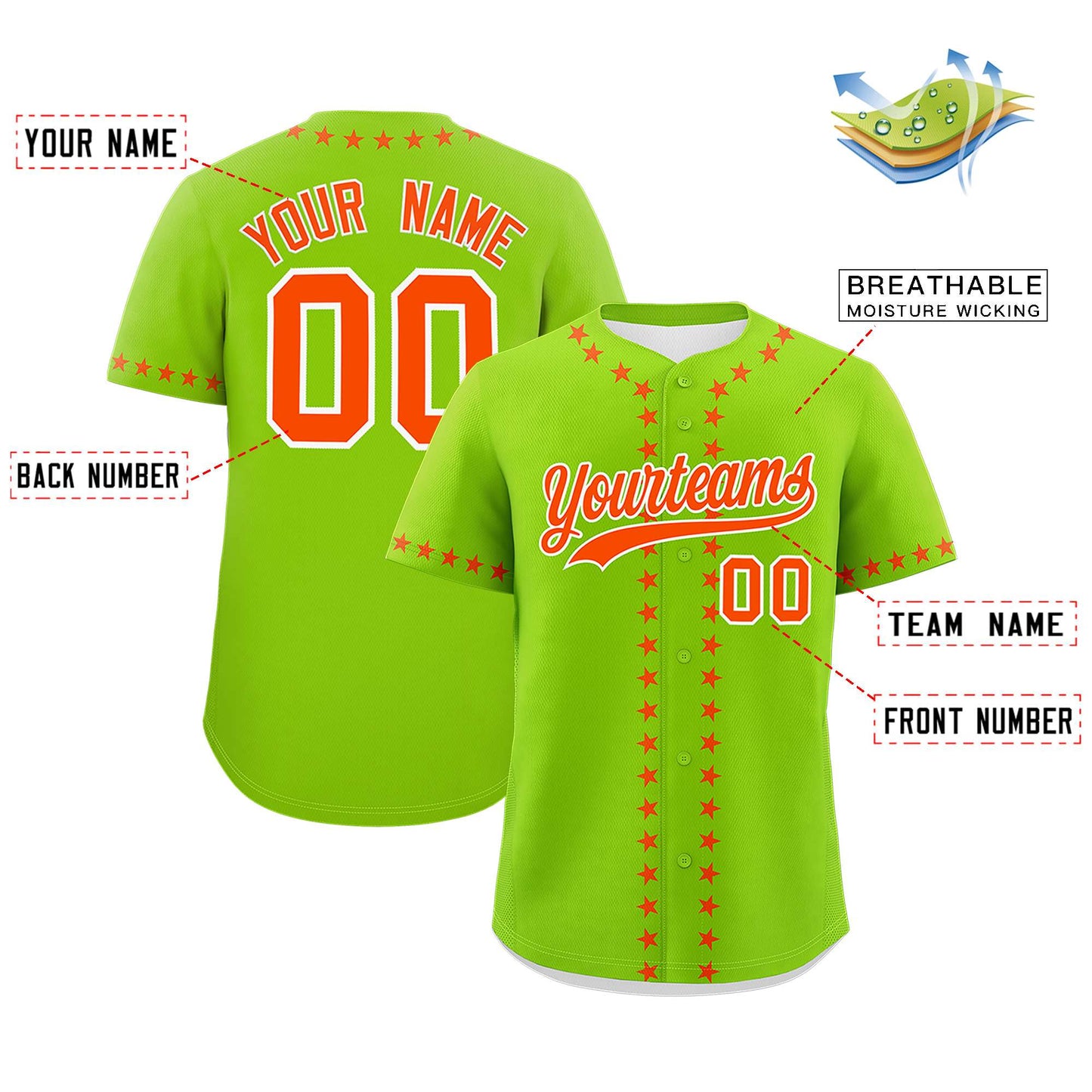 Custom Neon Green Orange Star Ribbing Authentic Baseball Jersey