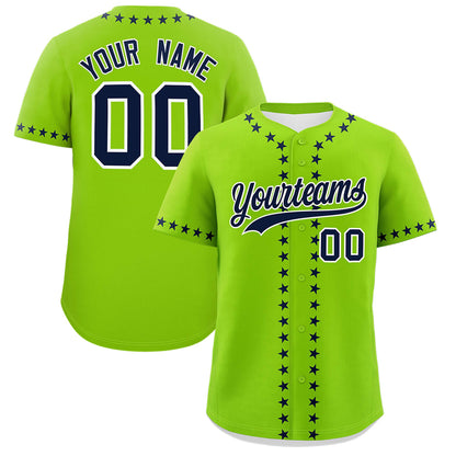 Custom Neon Green Navy Star Ribbing Authentic Baseball Jersey