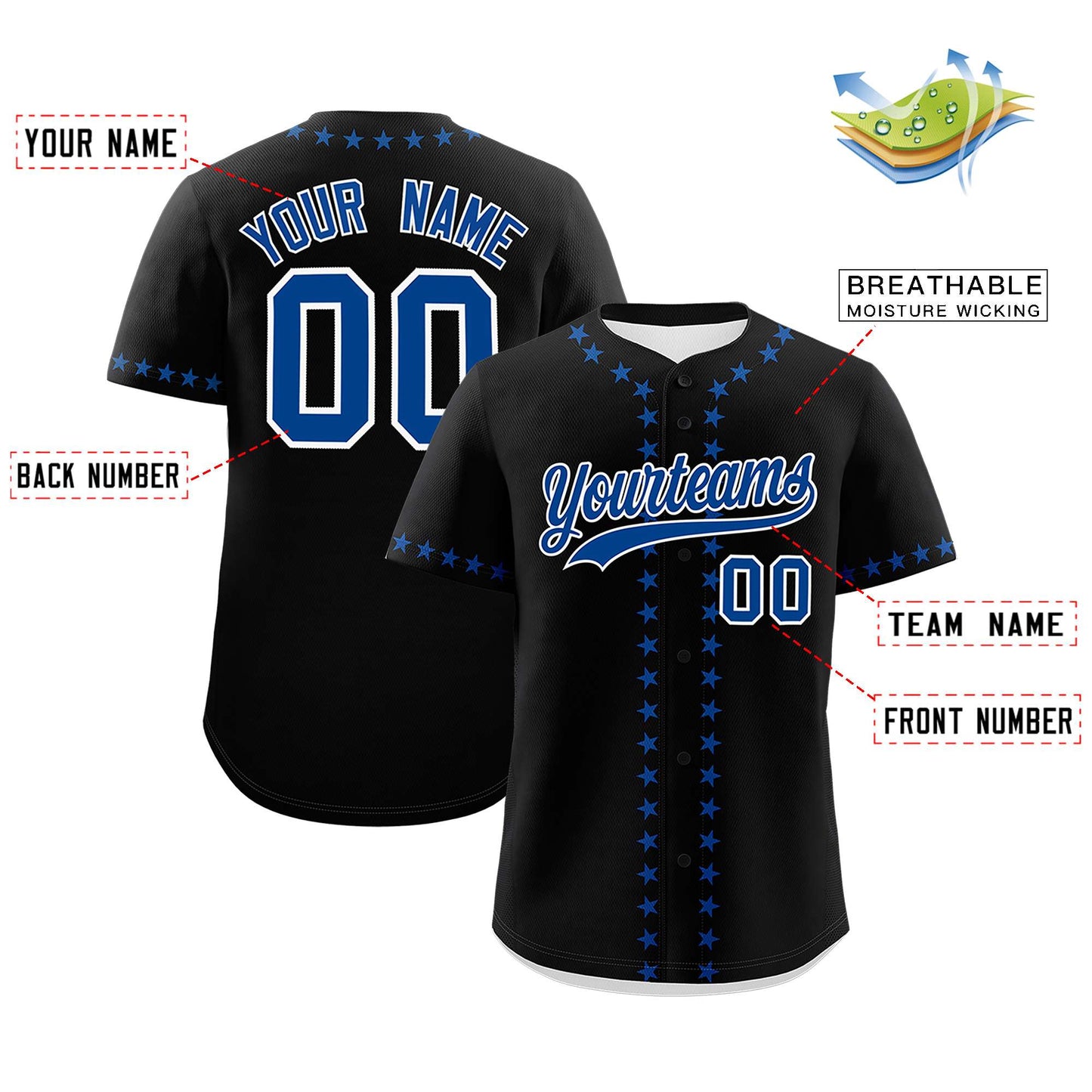 Custom Black Royal Star Ribbing Authentic Baseball Jersey