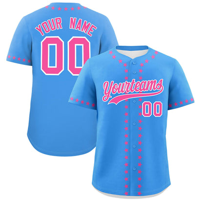 Custom Powder Blue Pink Star Ribbing Authentic Baseball Jersey