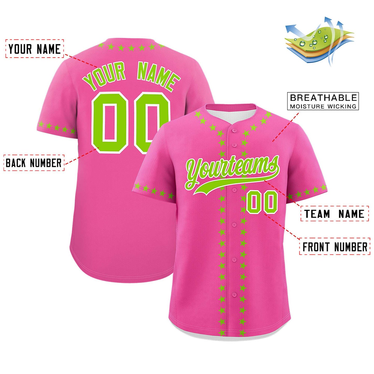 Custom Pink Neon Green Star Ribbing Authentic Baseball Jersey