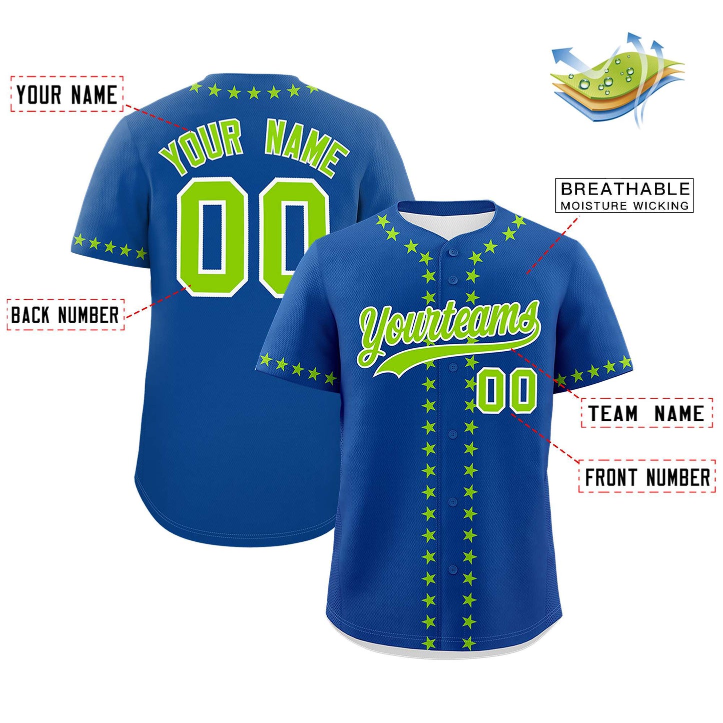 Custom Royal Neon Green Star Ribbing Authentic Baseball Jersey