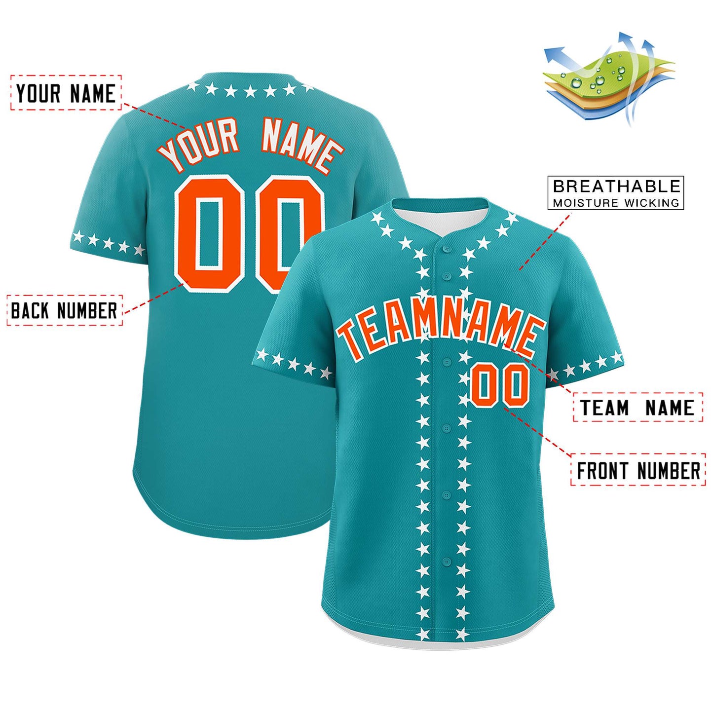 Custom Aqua White Star Ribbing Authentic Baseball Jersey