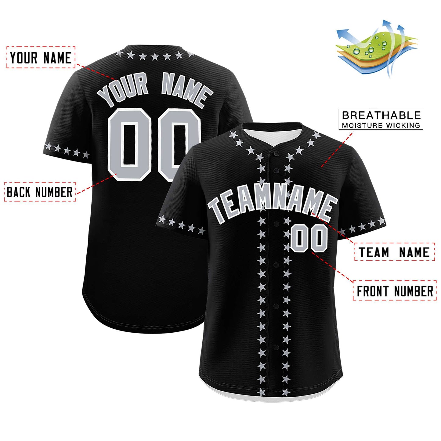 Custom Black Gray Star Ribbing Authentic Baseball Jersey