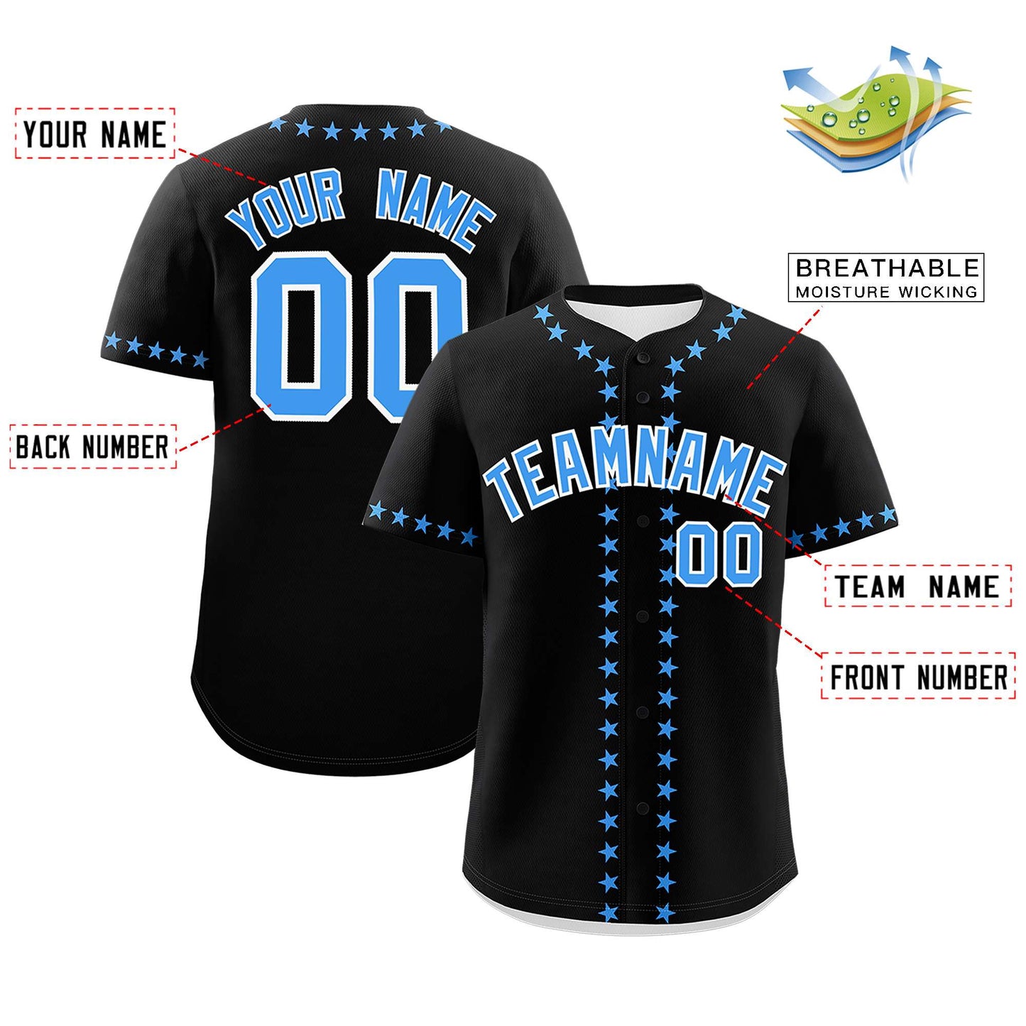 Custom Black Powder Blue Star Ribbing Authentic Baseball Jersey