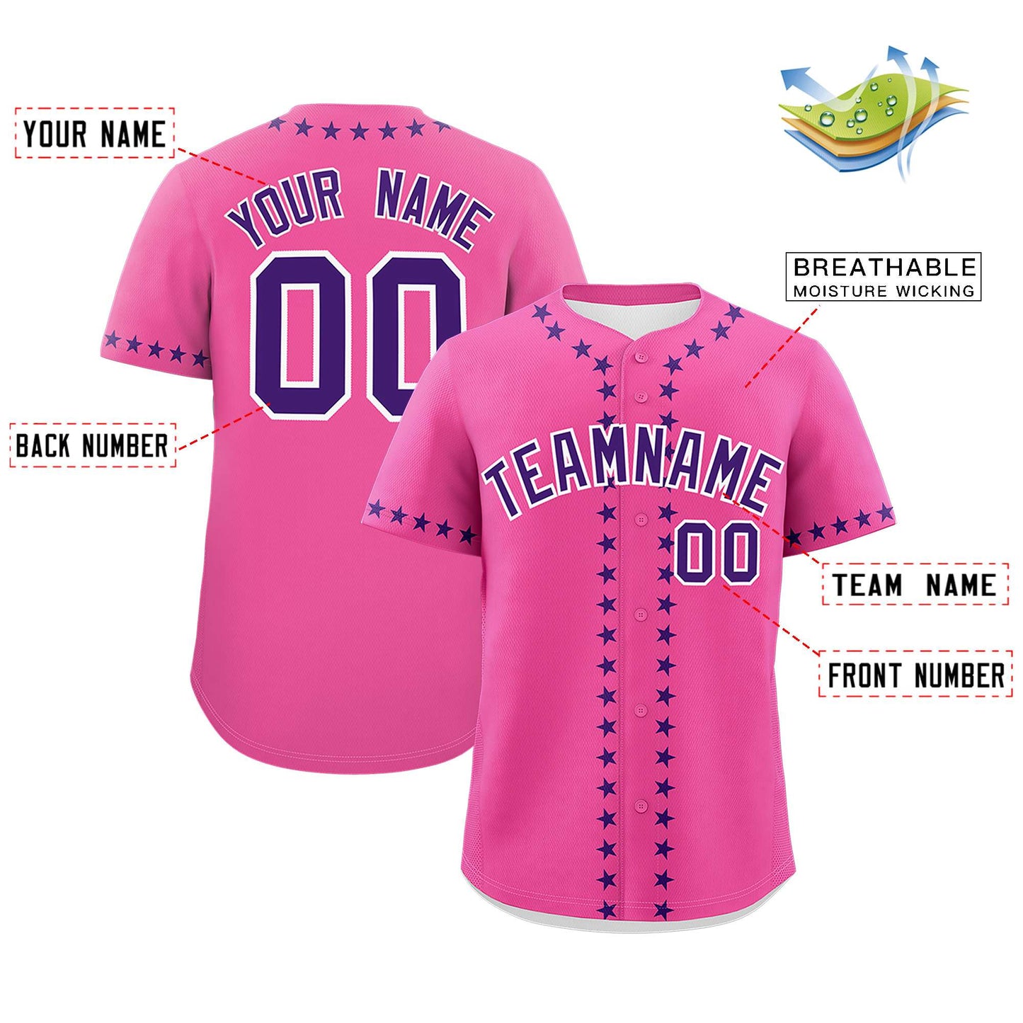 Custom Pink Purple Star Ribbing Authentic Baseball Jersey