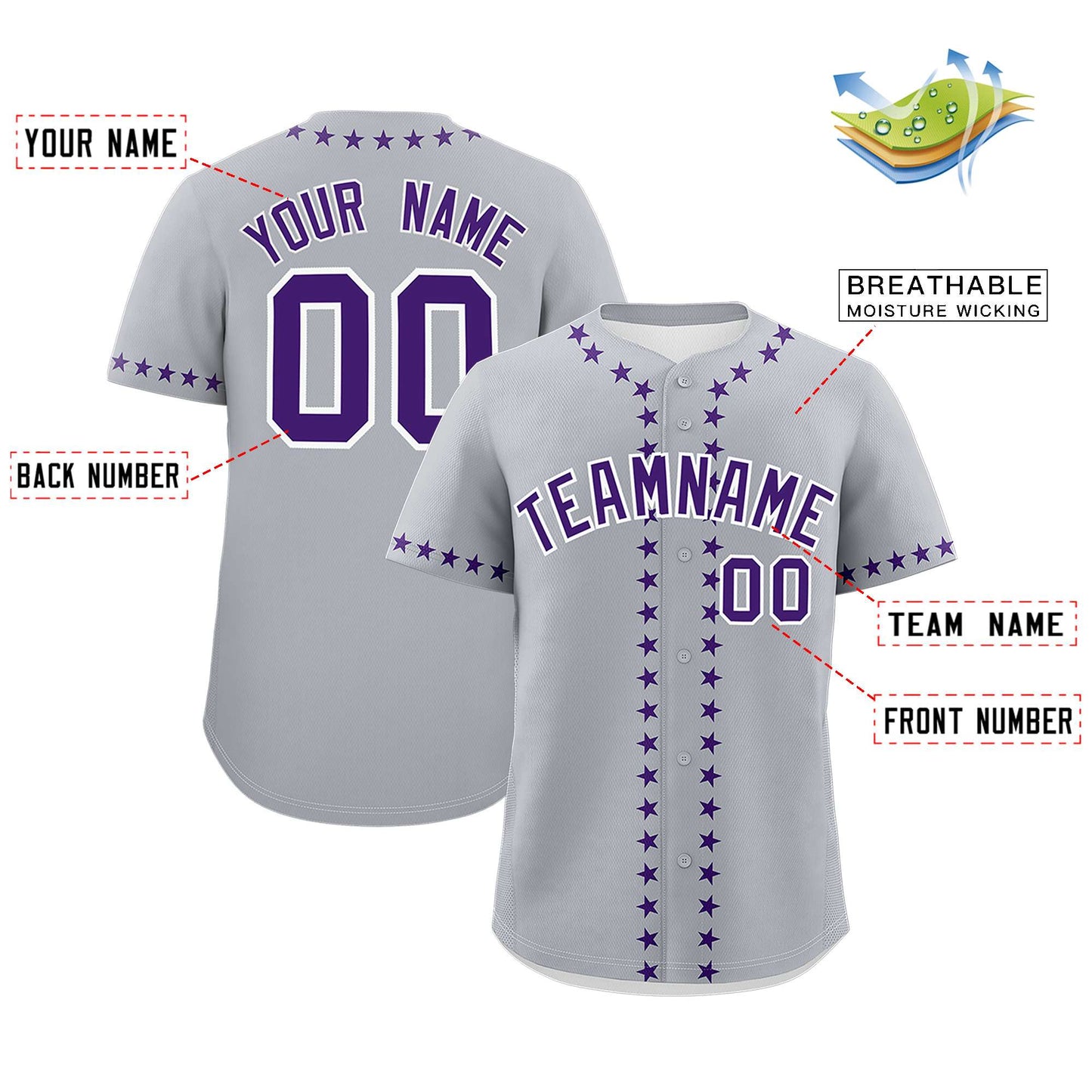 Custom Gray Purple Star Ribbing Authentic Baseball Jersey