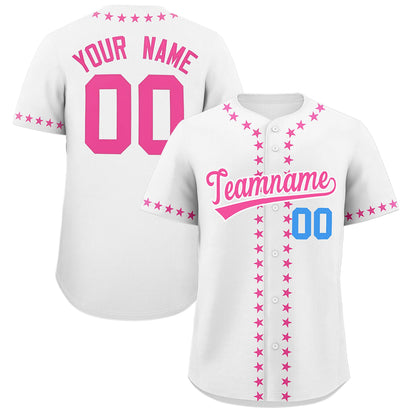 Custom White Pink Star Ribbing Authentic Baseball Jersey