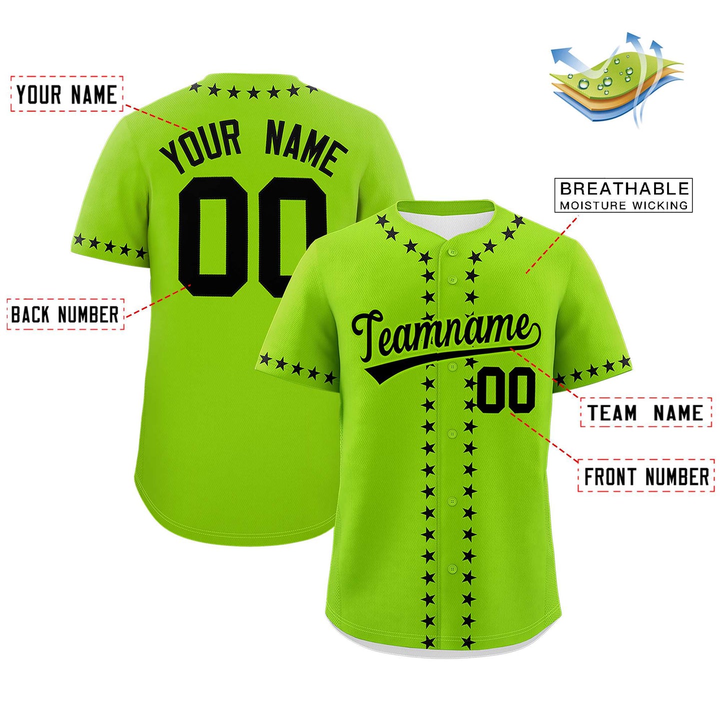 Custom Neon Green Black Star Ribbing Authentic Baseball Jersey