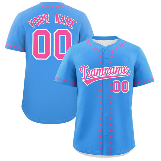 Custom Powder Blue Pink Star Ribbing Authentic Baseball Jersey