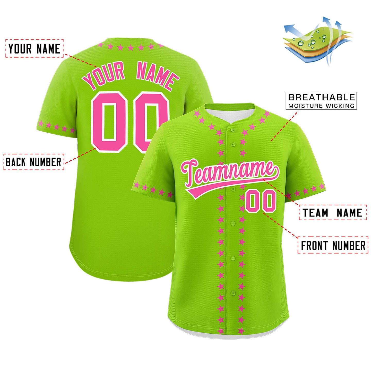 Custom Neon Green Pink Star Ribbing Authentic Baseball Jersey