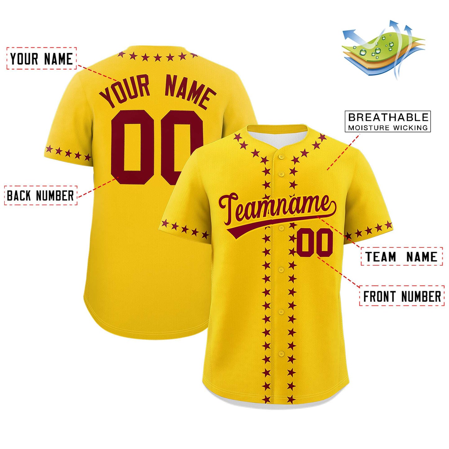 Custom Gold Crimson Star Ribbing Authentic Baseball Jersey