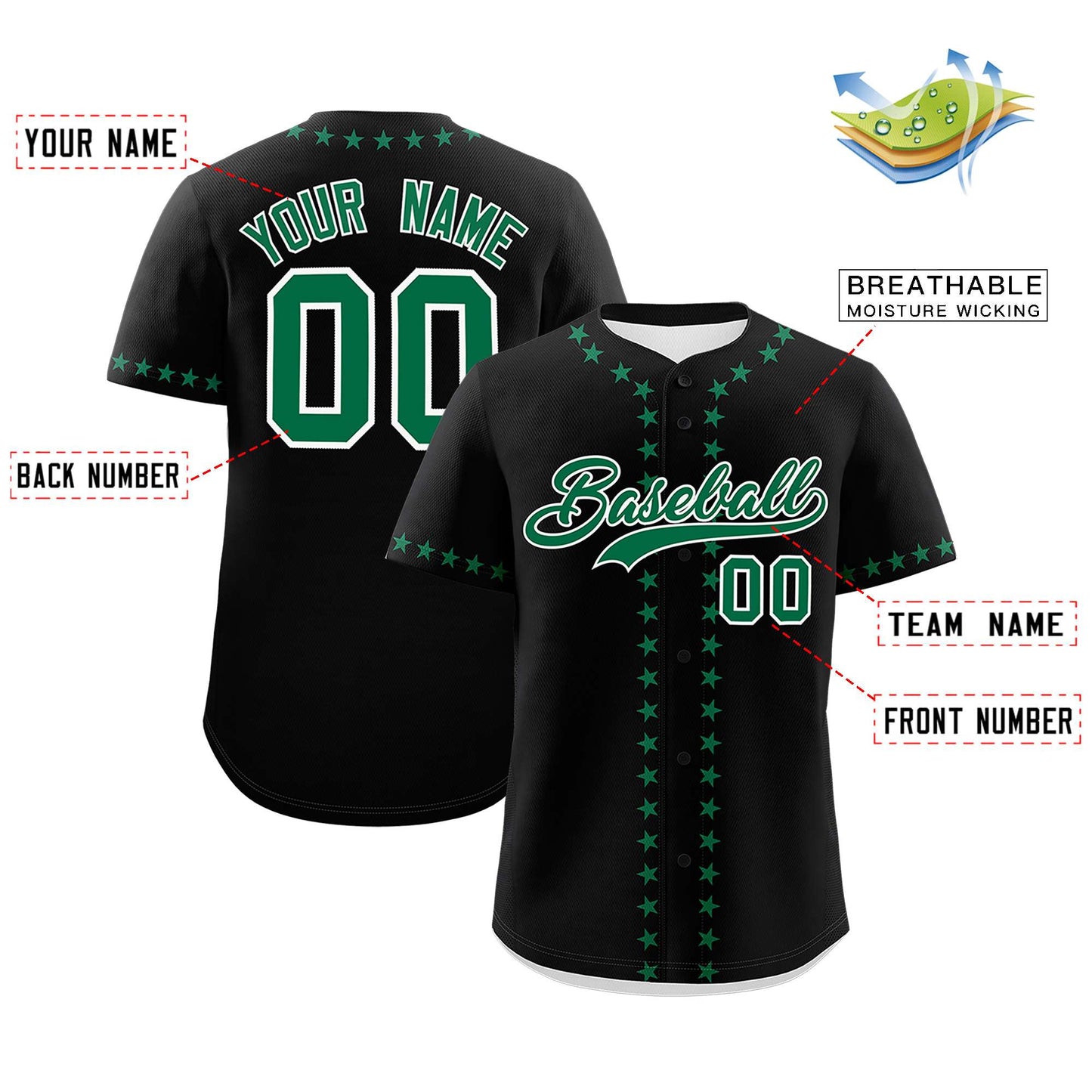 Custom Black Kelly Green Star Ribbing Authentic Baseball Jersey