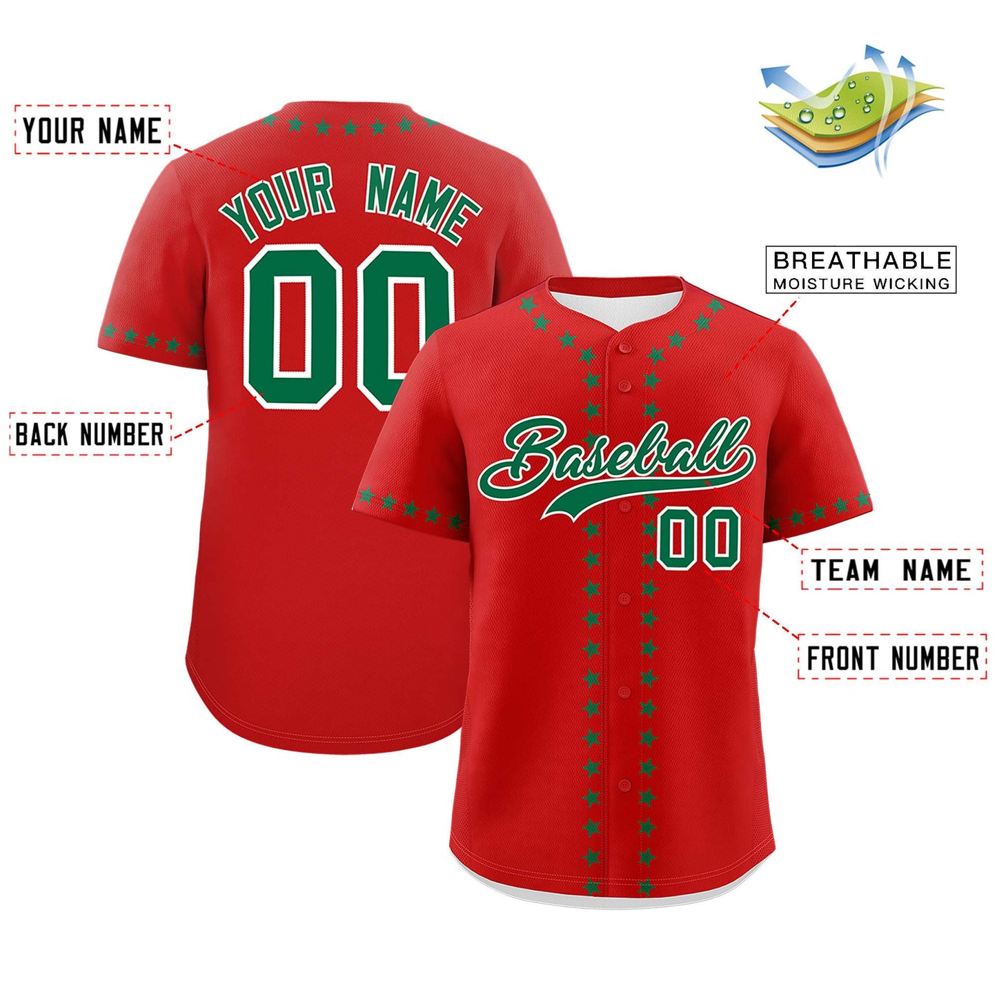 Custom Red Kelly Green Star Ribbing Authentic Baseball Jersey