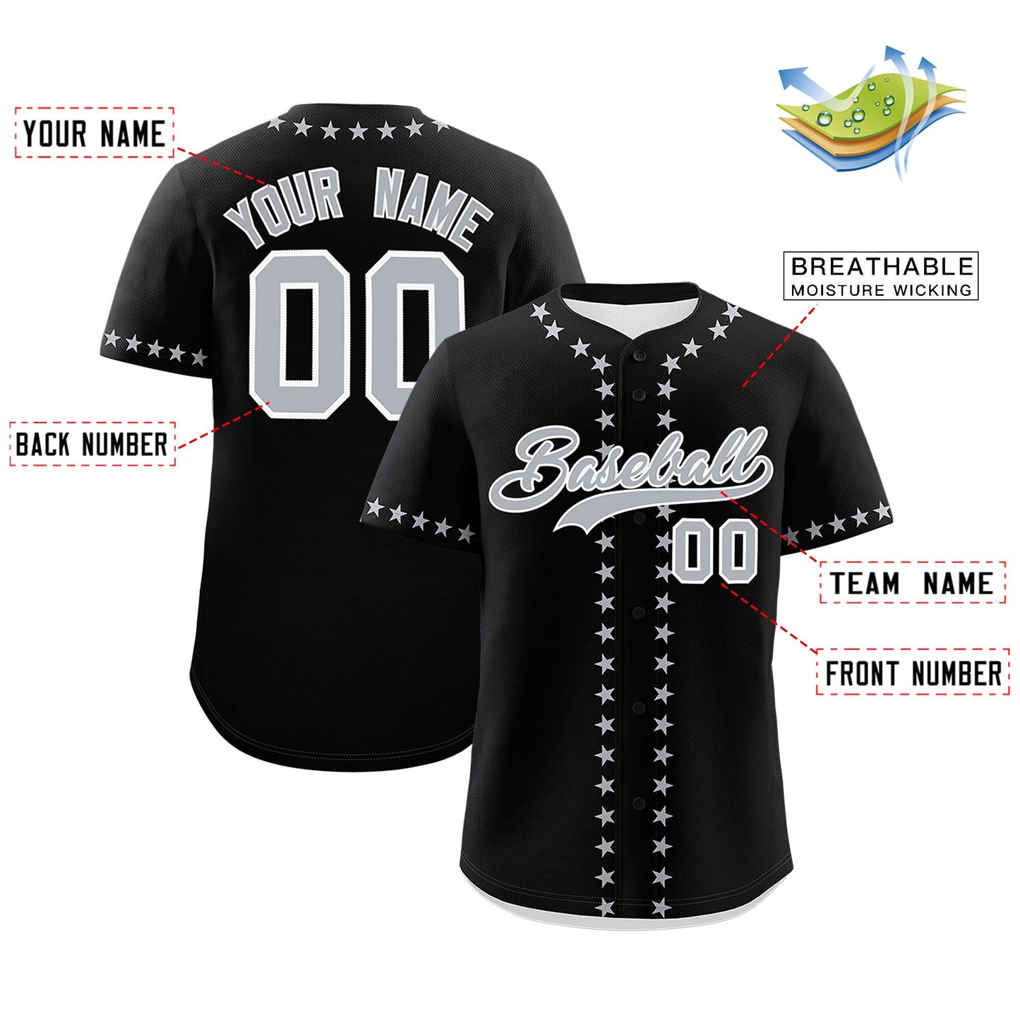 Custom Black Gray Star Ribbing Authentic Baseball Jersey