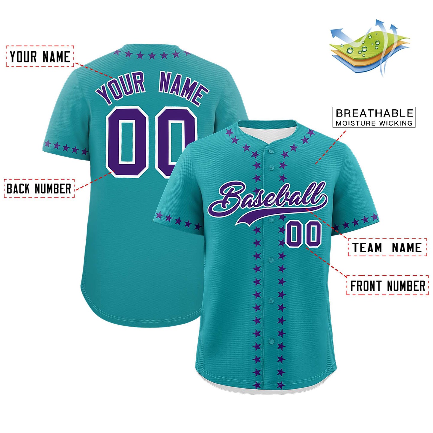 Custom Teal Purple Star Ribbing Authentic Baseball Jersey