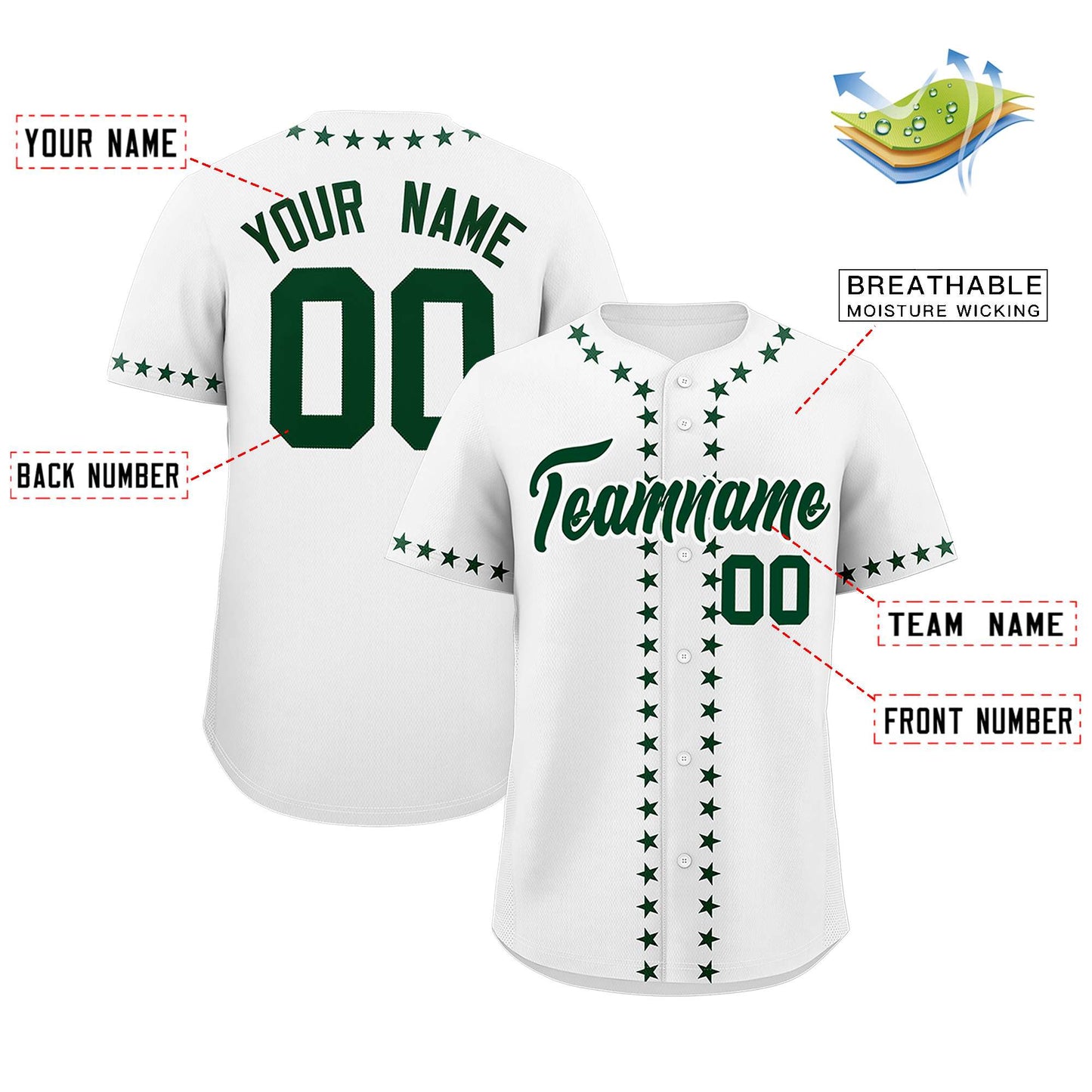 Custom White Green Star Ribbing Authentic Baseball Jersey