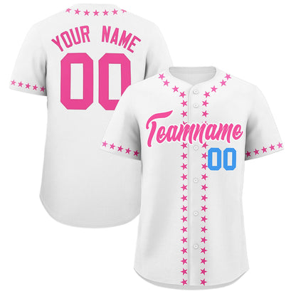 Custom White Pink Star Ribbing Authentic Baseball Jersey