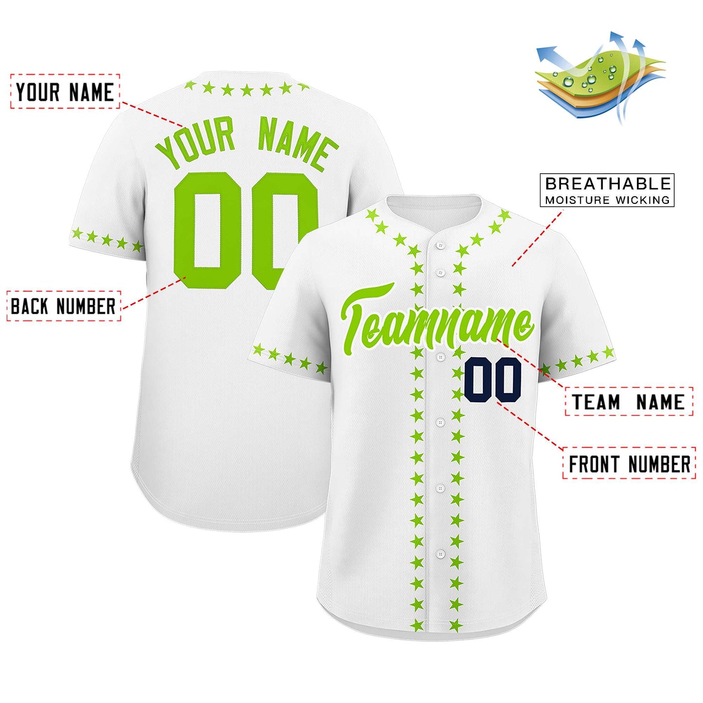 Custom White Neon Green Star Ribbing Authentic Baseball Jersey