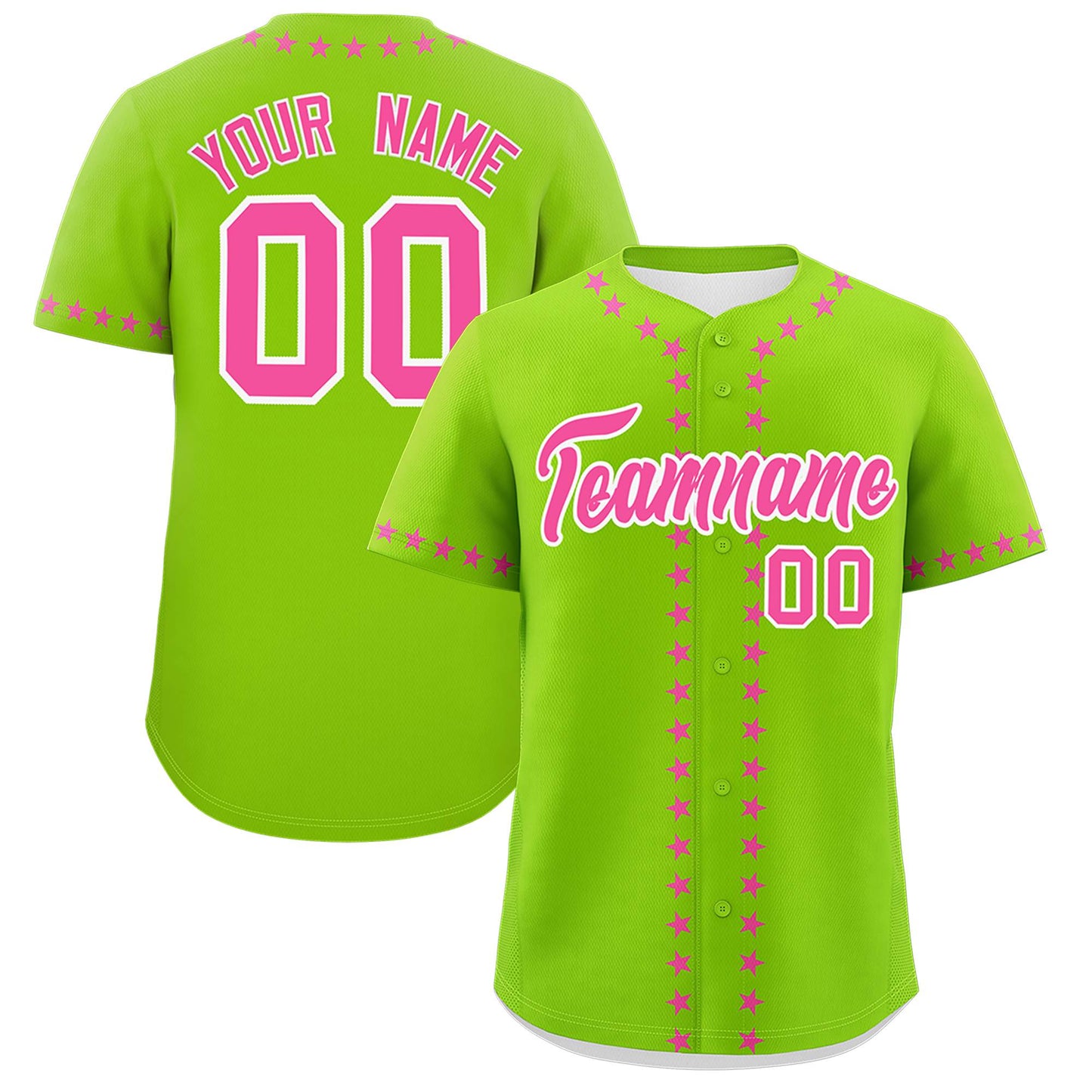 Custom Neon Green Pink Star Ribbing Authentic Baseball Jersey