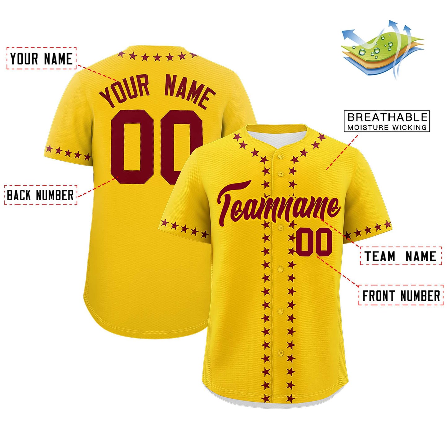 Custom Gold Crimson Star Ribbing Authentic Baseball Jersey