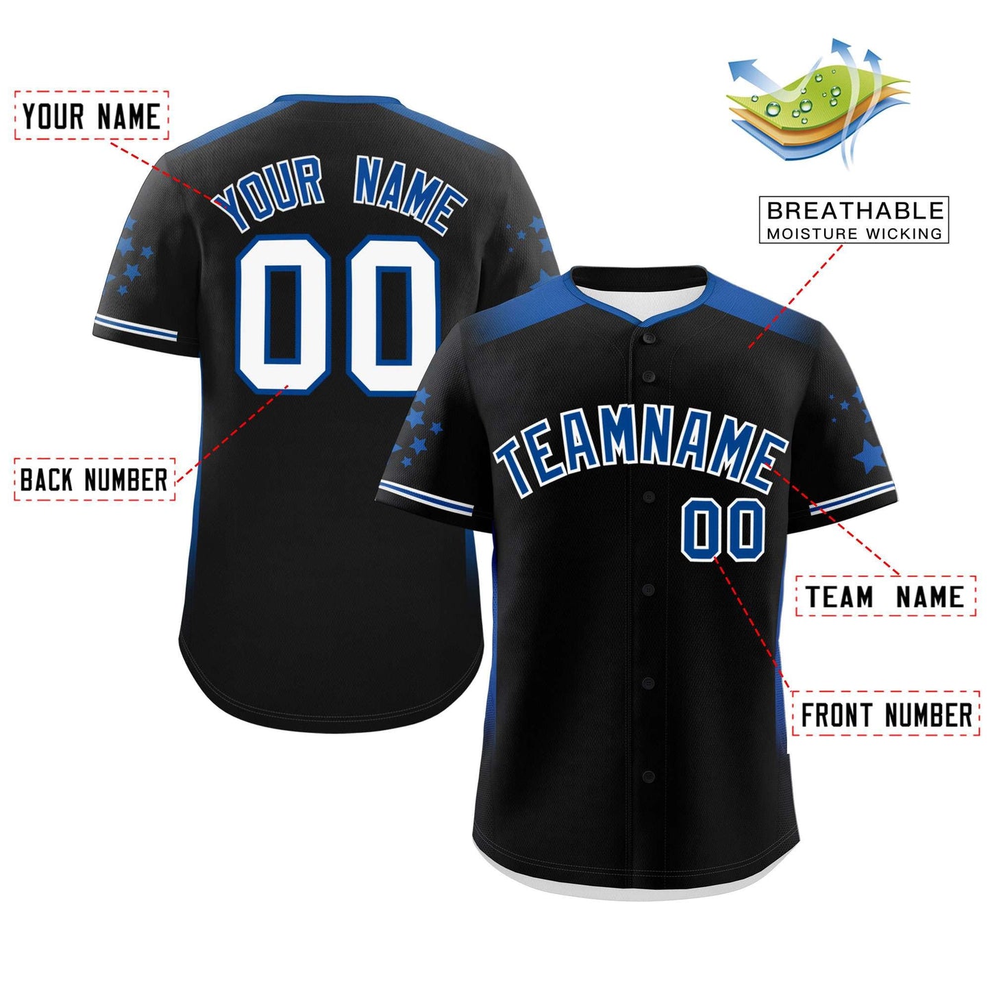 Custom Black Royal Gradient Side Personalized Star Pattern Authentic Baseball Jersey