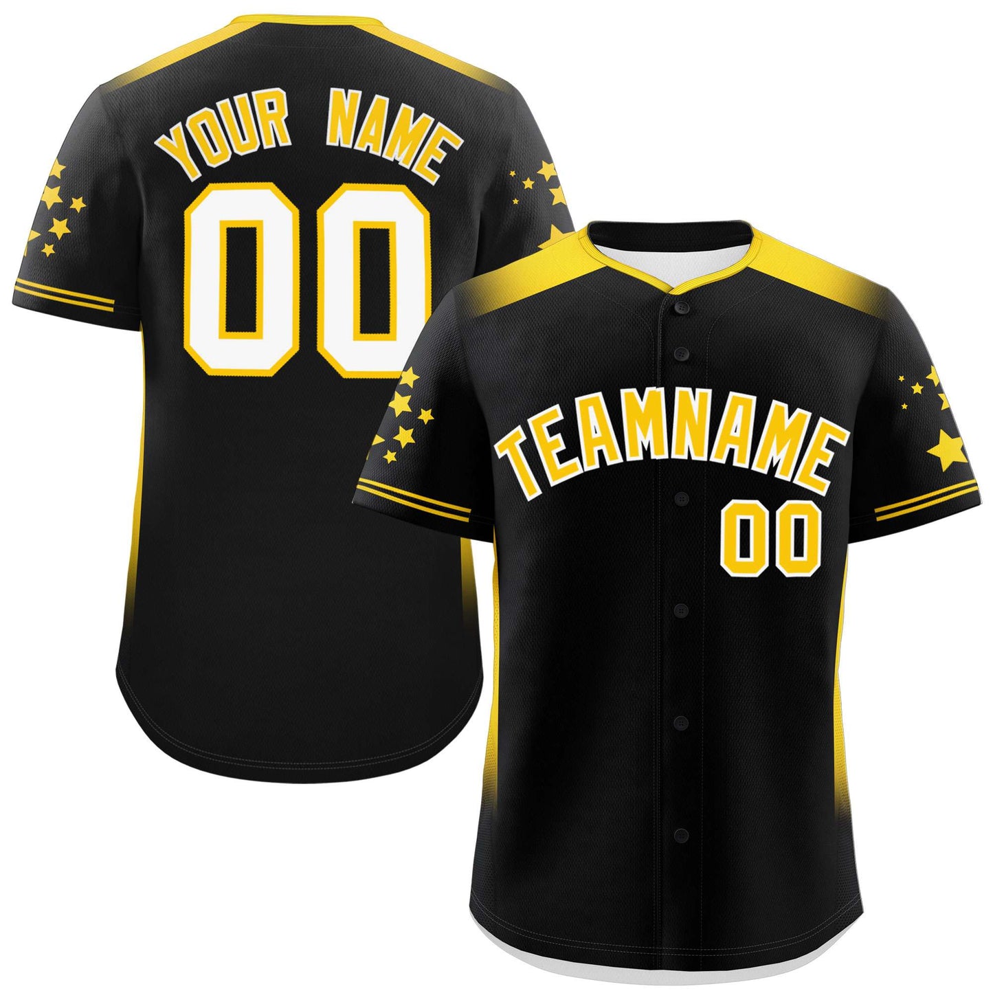 Custom Black Gold Gradient Side Personalized Star Pattern Authentic Baseball Jersey