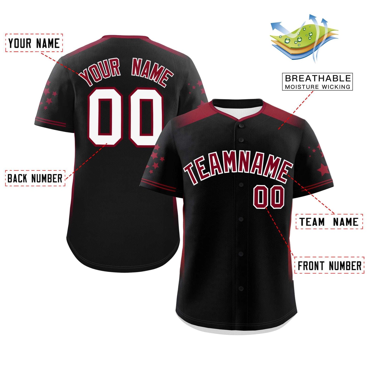 Custom Black Crimson Gradient Side Personalized Star Pattern Authentic Baseball Jersey