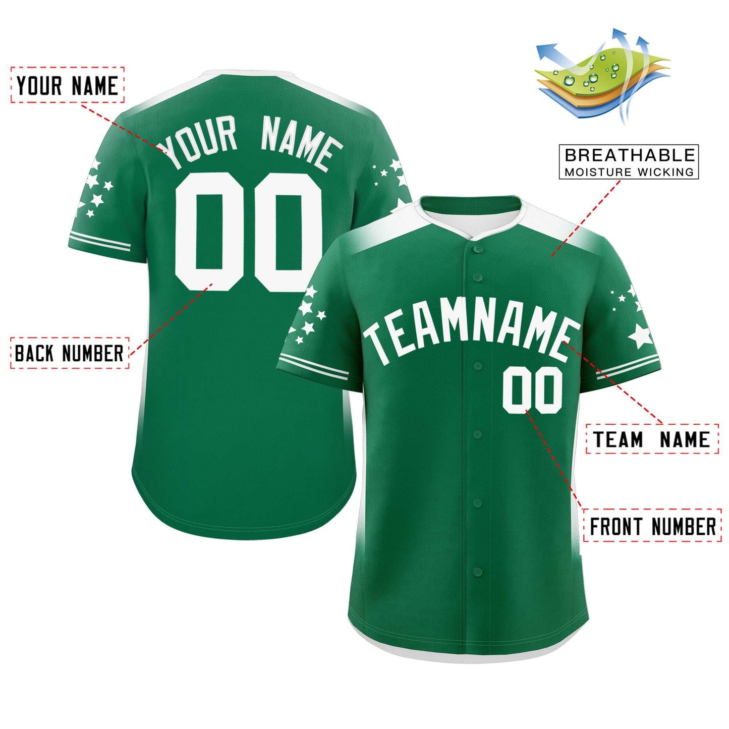 Custom Kelly Green White Gradient Side Personalized Star Pattern Authentic Baseball Jersey