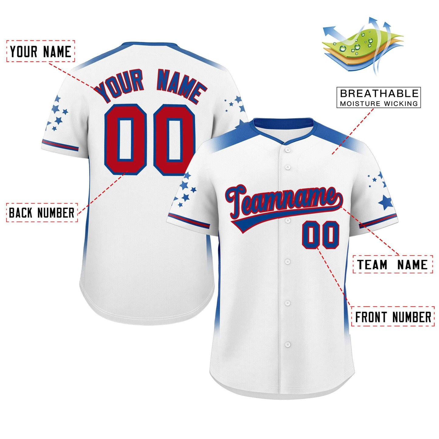 Custom White Royal Gradient Side Personalized Star Pattern Authentic Baseball Jersey