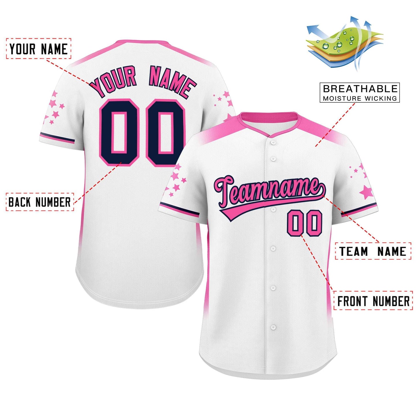 Custom White Pink Gradient Side Personalized Star Pattern Authentic Baseball Jersey