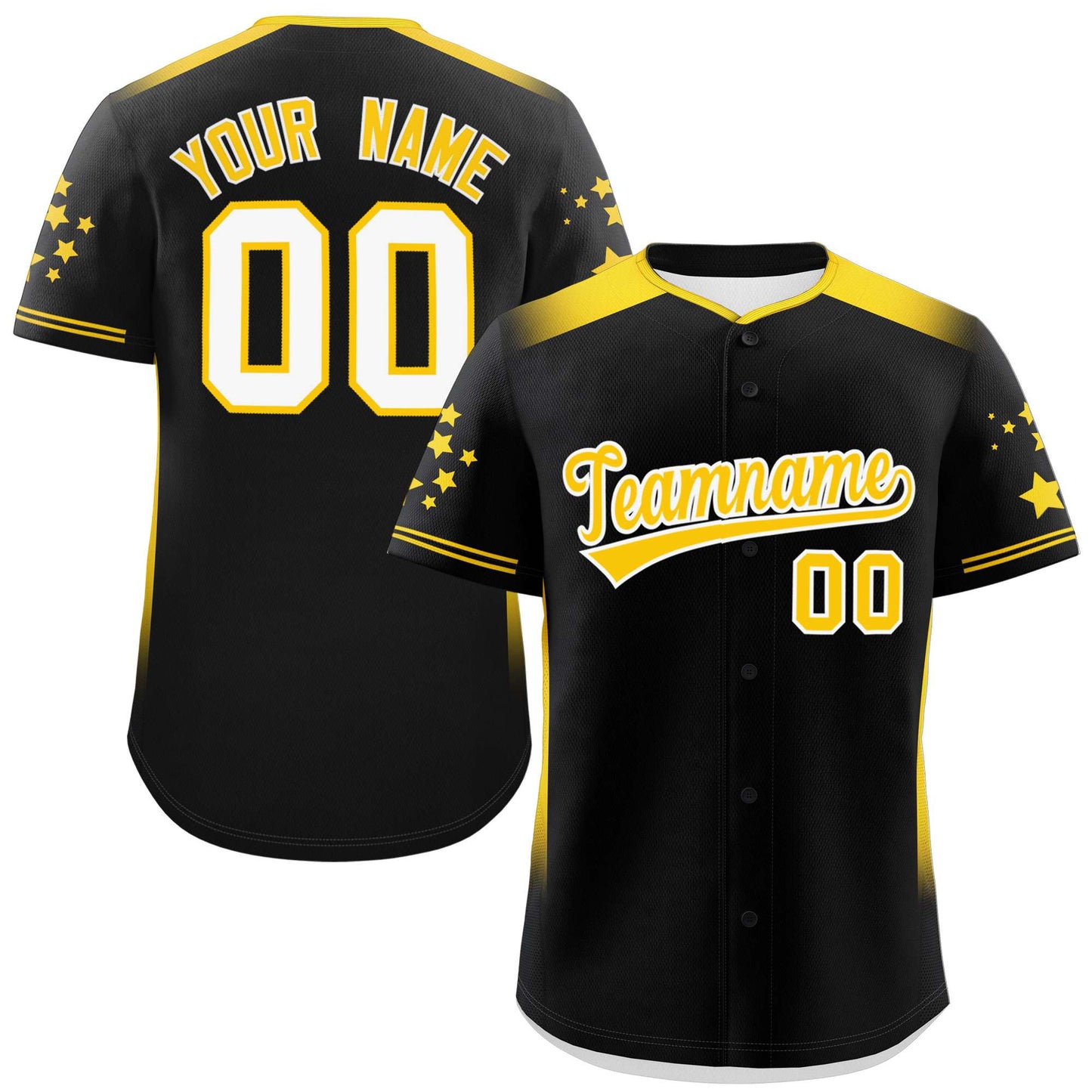 Custom Black Gold Gradient Side Personalized Star Pattern Authentic Baseball Jersey