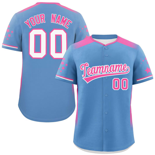 Custom Light Blue Pink Gradient Side Personalized Star Pattern Authentic Baseball Jersey