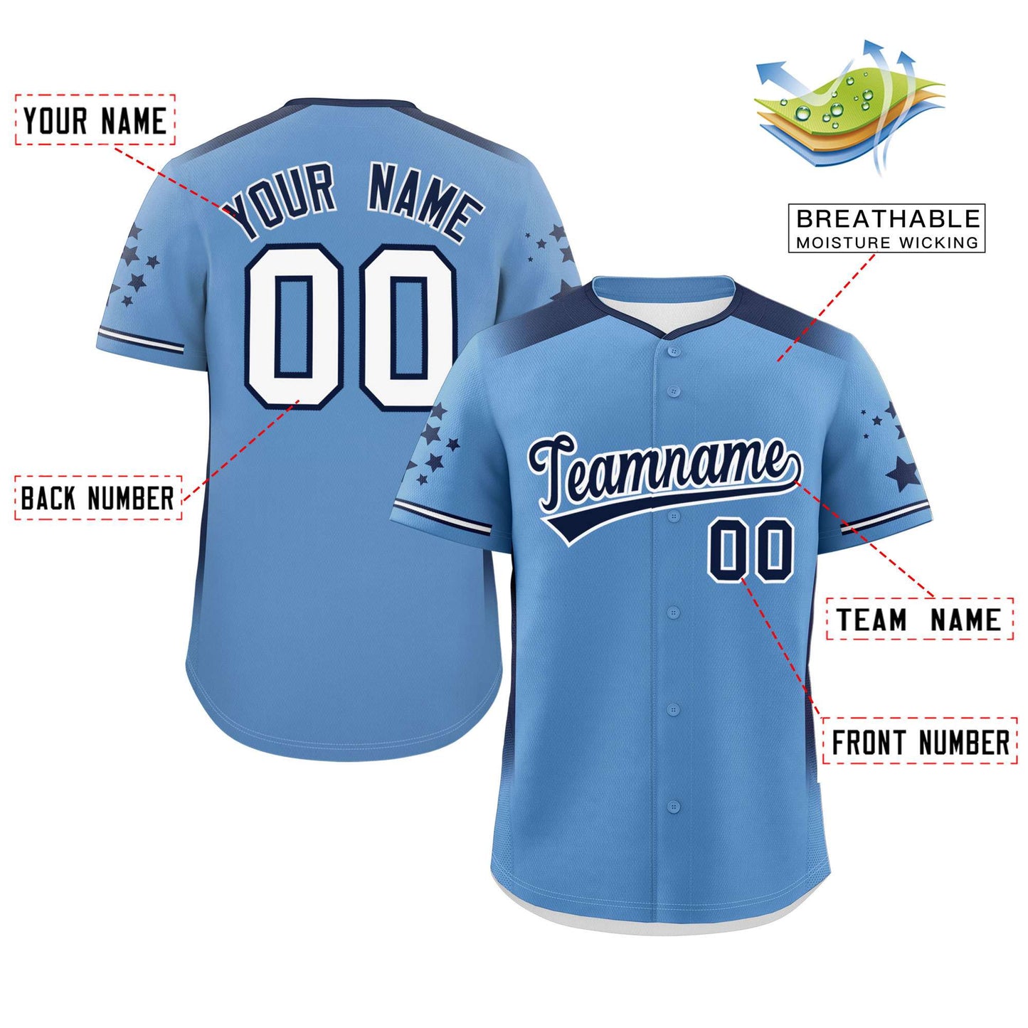 Custom Light Blue Navy Gradient Side Personalized Star Pattern Authentic Baseball Jersey