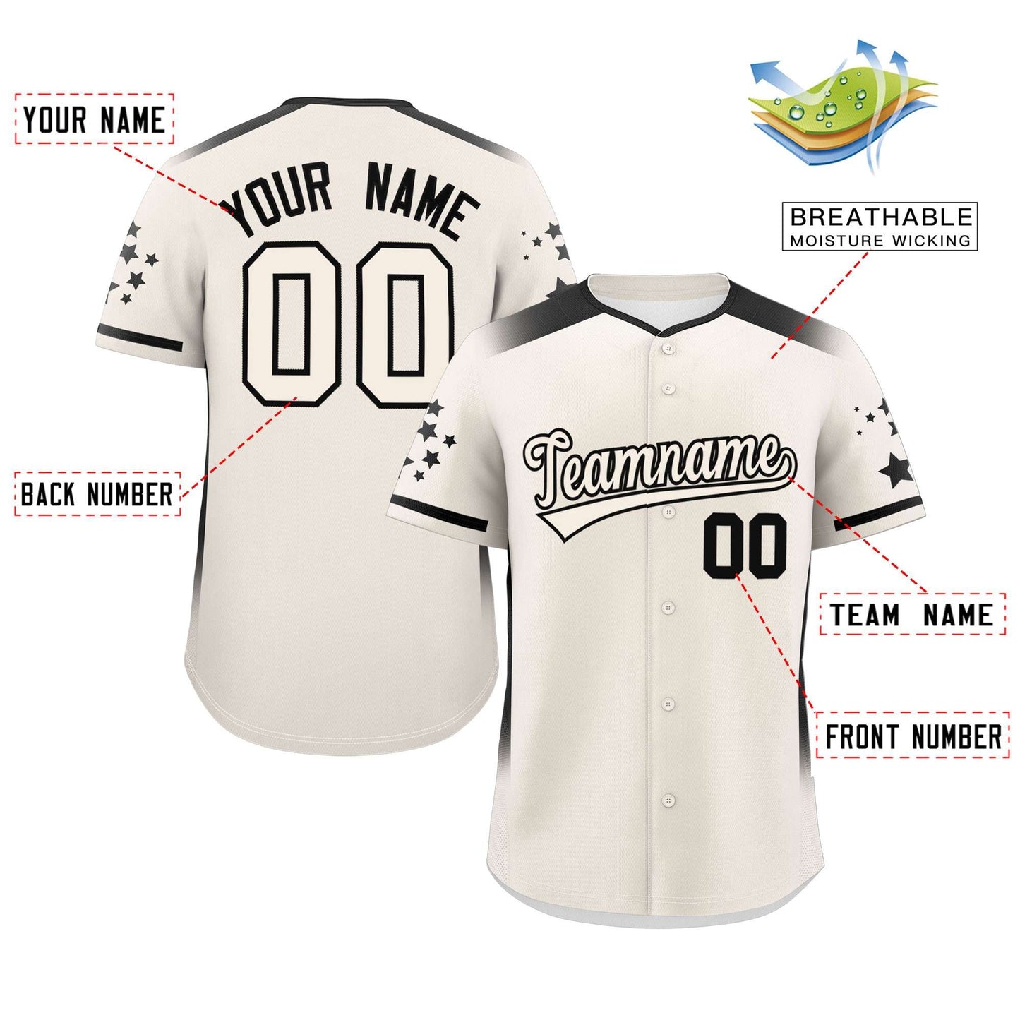 Custom Cream Black Gradient Side Personalized Star Pattern Authentic Baseball Jersey