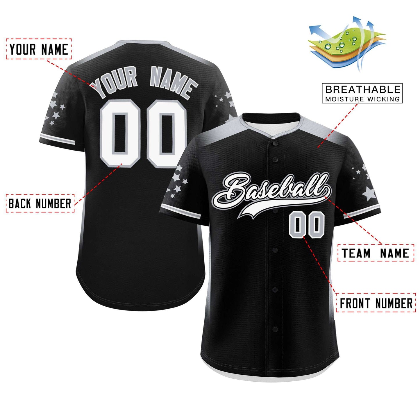 Custom Black Gray Gradient Side Personalized Star Pattern Authentic Baseball Jersey