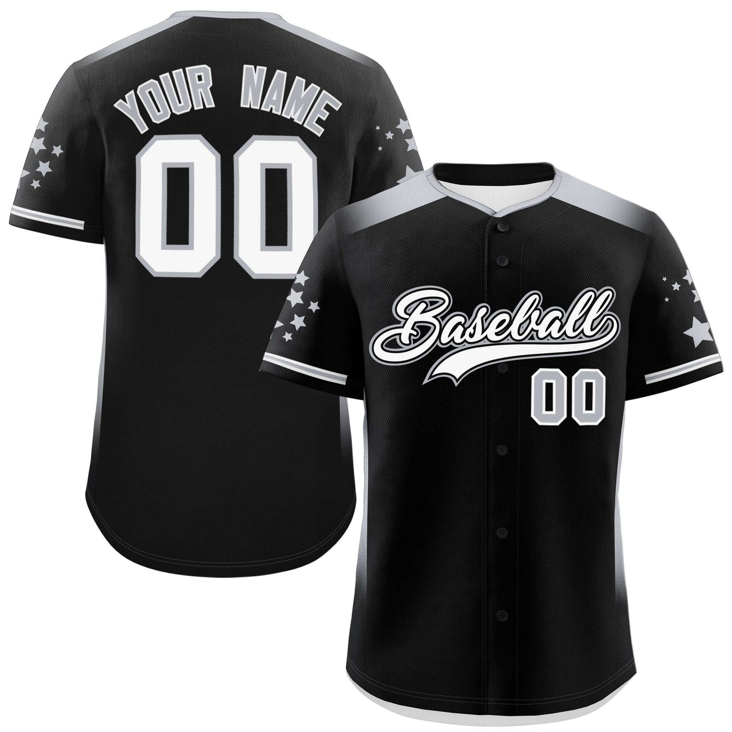 Custom Black Gray Gradient Side Personalized Star Pattern Authentic Baseball Jersey