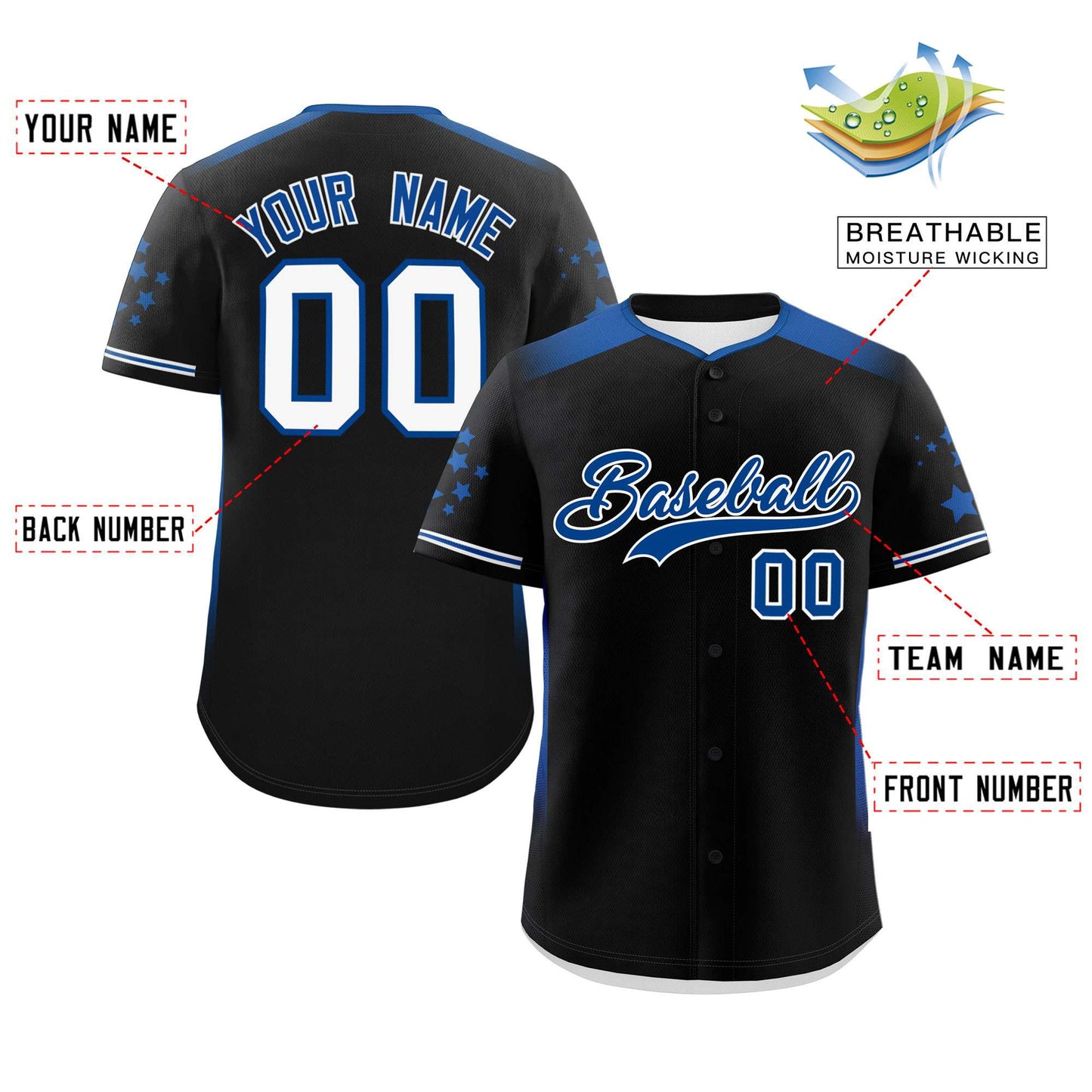 Custom Black Royal Gradient Side Personalized Star Pattern Authentic Baseball Jersey