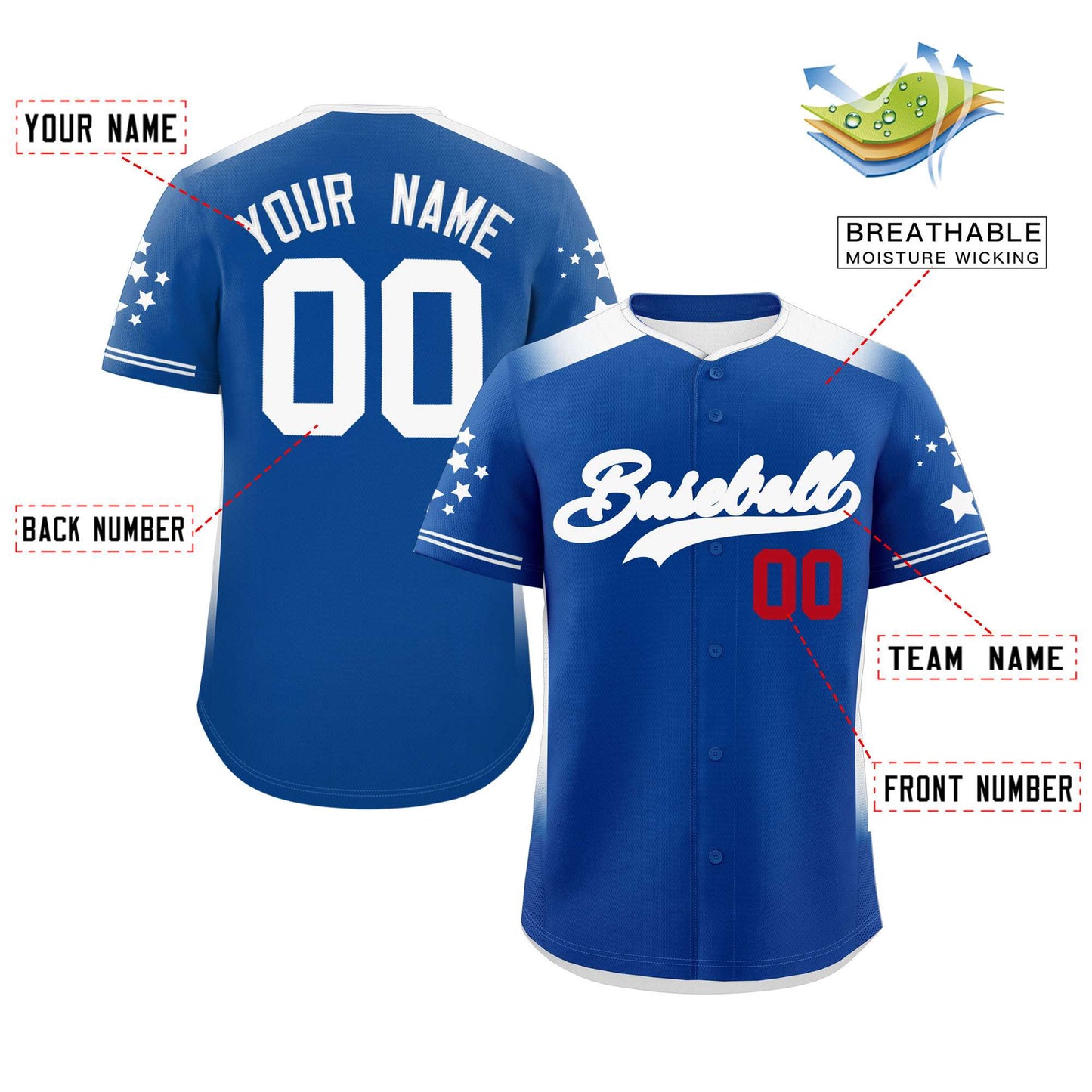 Custom Royal White Gradient Side Personalized Star Pattern Authentic Baseball Jersey