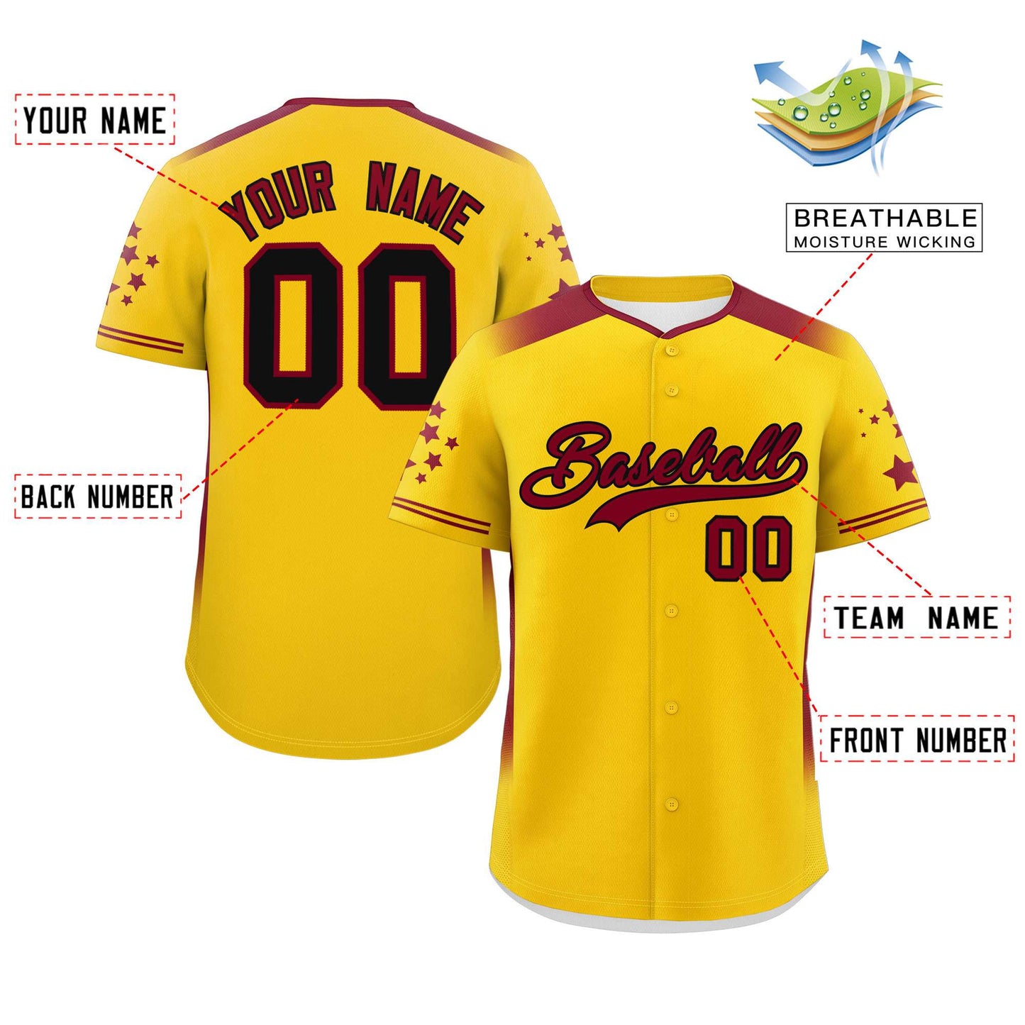 Custom Gold Crimson Gradient Side Personalized Star Pattern Authentic Baseball Jersey