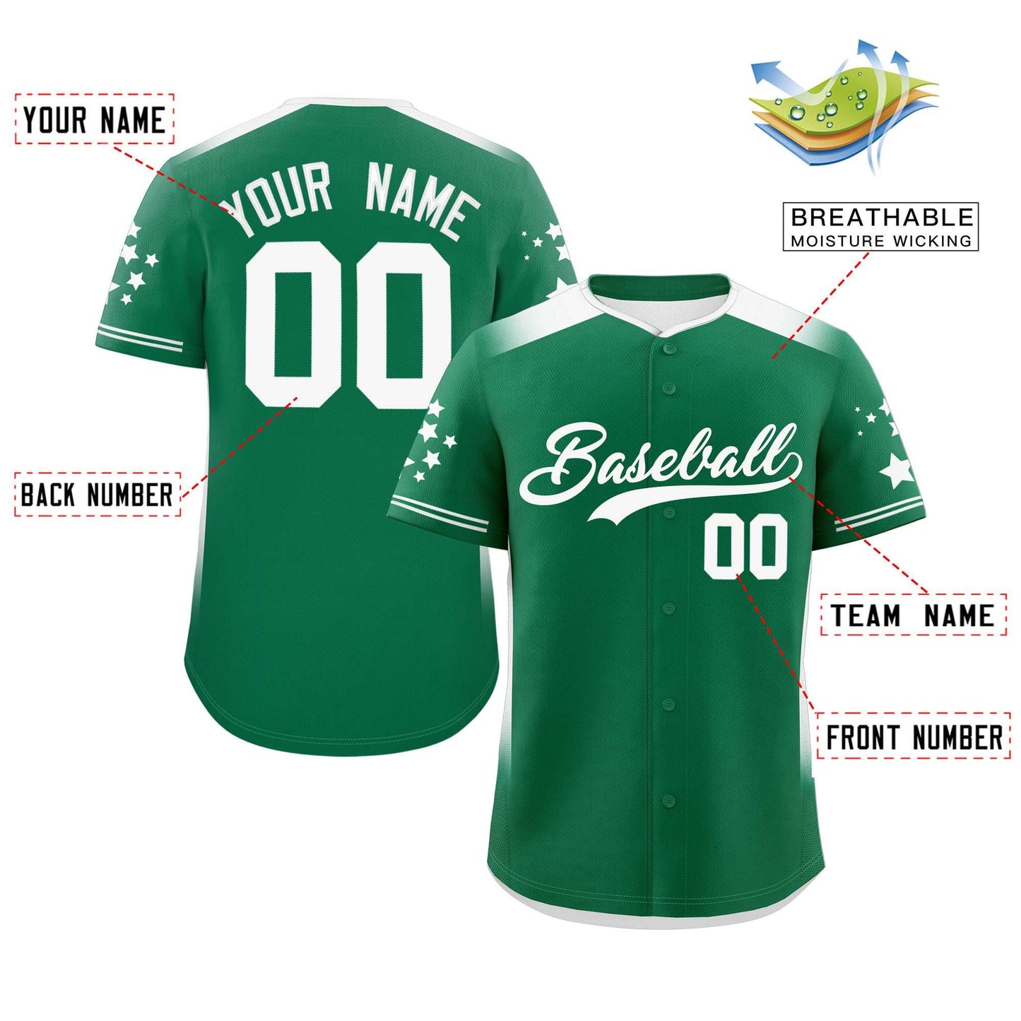 Custom Kelly Green White Gradient Side Personalized Star Pattern Authentic Baseball Jersey